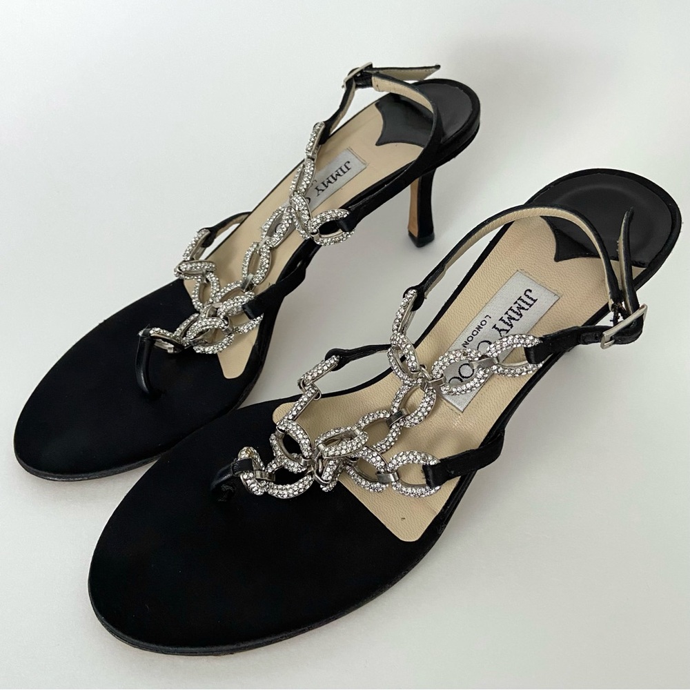 Jimmy Choo Crystal Embellished Thong Ankle Strap Heeled Sandals - Picture 2 of 15